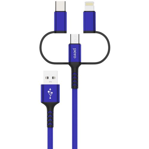 Кабель PERO DC-06, Lightning (m)/USB Type-C (m)/micro USB (m) — USB (m), 1м, 3A, синий [prdc-06u1mbl]