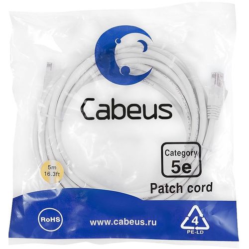 Патч-корд CABEUS вилка RJ-45, вилка RJ-45, кат.5E, LSZH, 5м, белый [pc-utp-rj45-cat.5e-5m-wh-lszh]